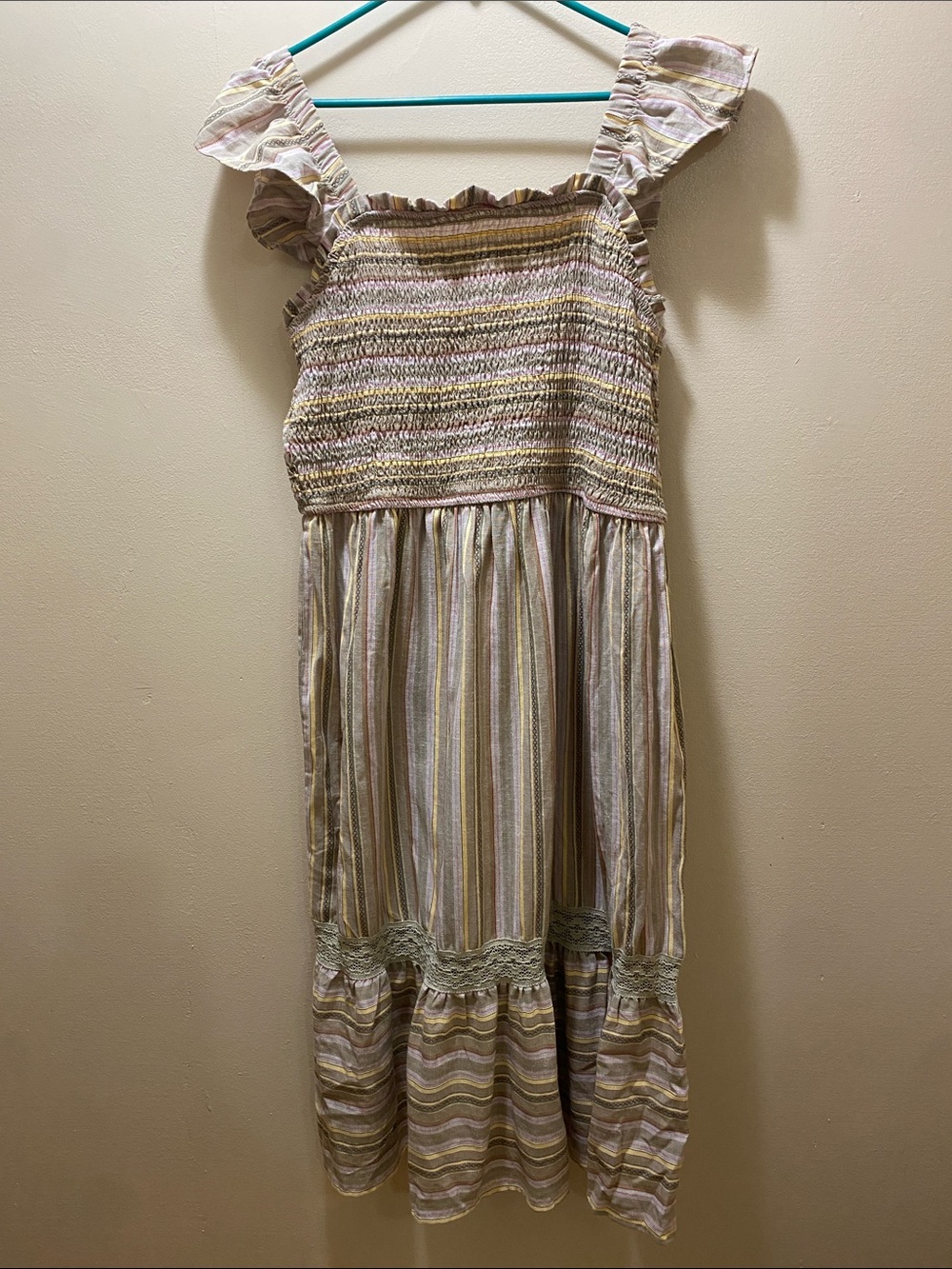 Striped Smocked Midi Dress with Ruffle Straps in Tan Yellow Beige Stripe NWT 2X